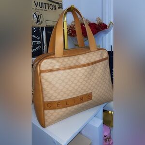 CELINE Tan Macadam Canvas top handle Tote Bag